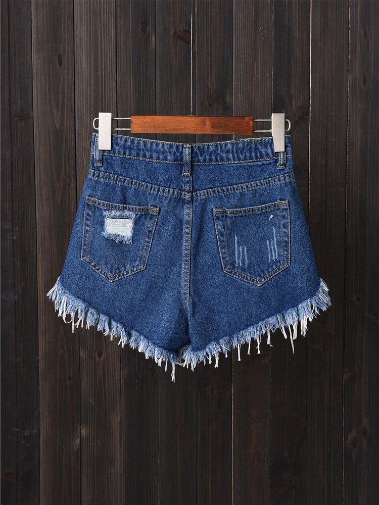 Dame Button Up Pocket Løs Hollow Ripped Denim Shorts