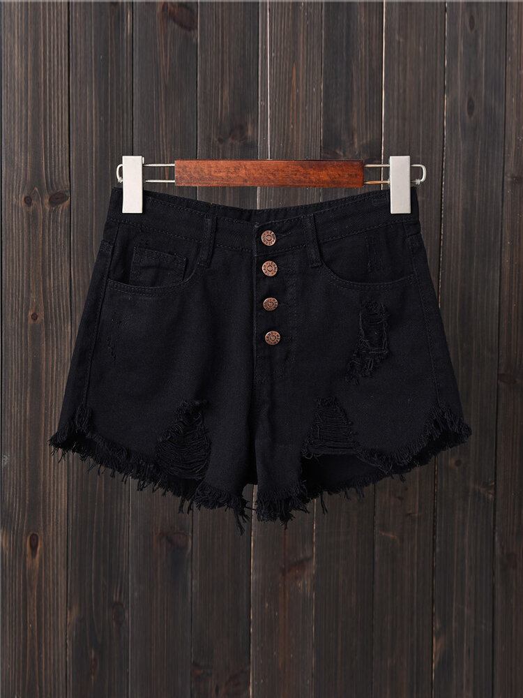 Dame Button Up Pocket Løs Hollow Ripped Denim Shorts