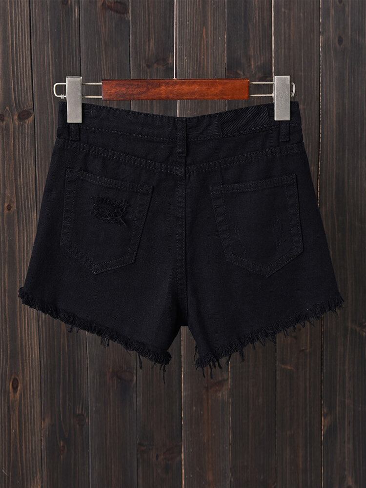 Dame Button Up Pocket Løs Hollow Ripped Denim Shorts