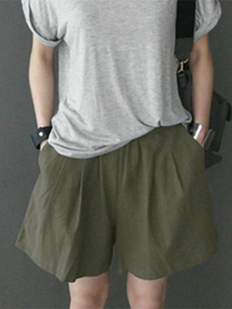 Fritid Solid Ruched Pocket Casual Bomuldsshorts