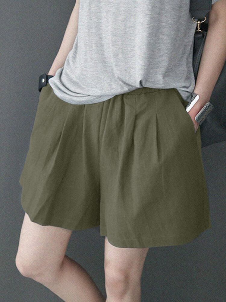 Fritid Solid Ruched Pocket Casual Bomuldsshorts