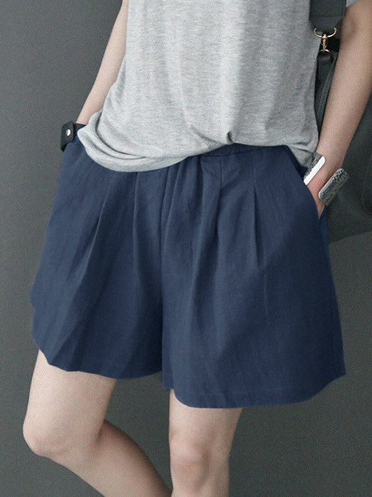 Fritid Solid Ruched Pocket Casual Bomuldsshorts