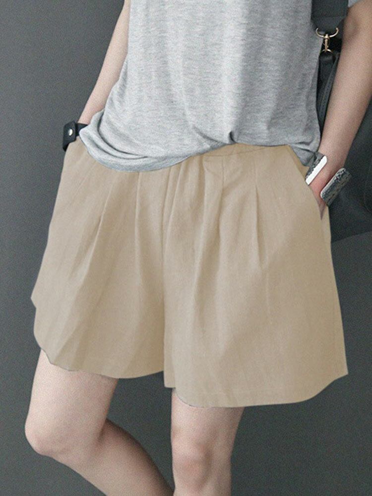 Fritid Solid Ruched Pocket Casual Bomuldsshorts