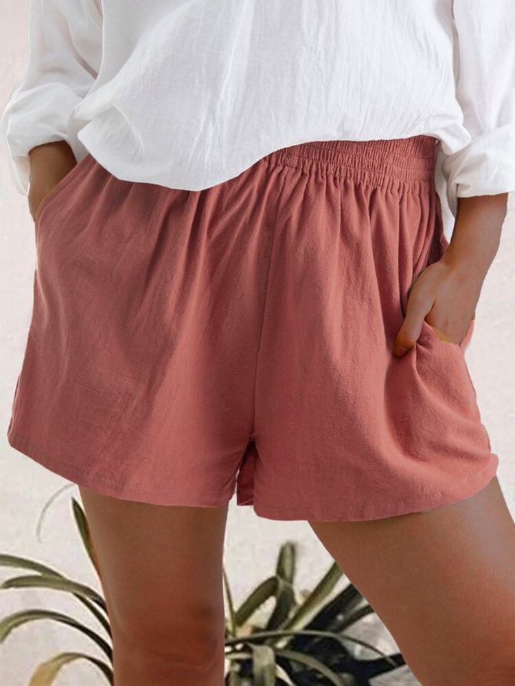 Kvinder Casual Ensfarvede Elastiske Lommeshorts