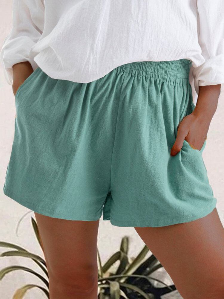 Kvinder Casual Ensfarvede Elastiske Lommeshorts