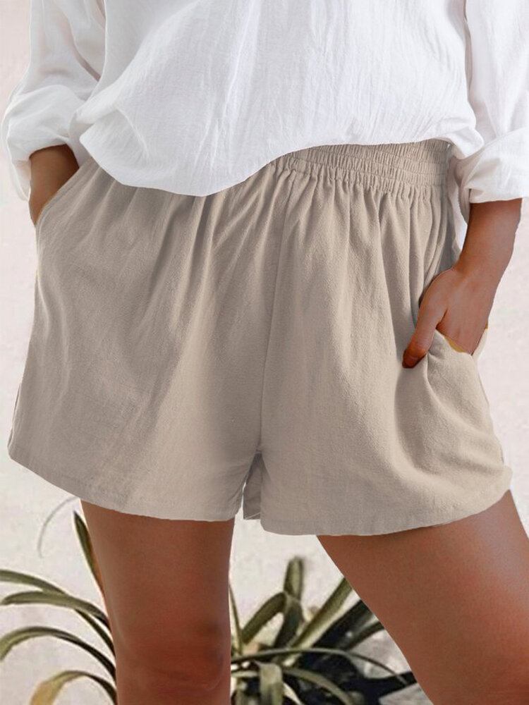 Kvinder Casual Ensfarvede Elastiske Lommeshorts