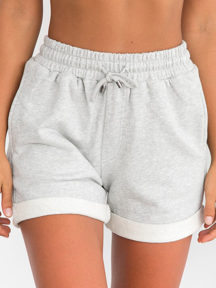 Kvinder Simple Solid Color Snøre Lomme Casual High Waist Shorts