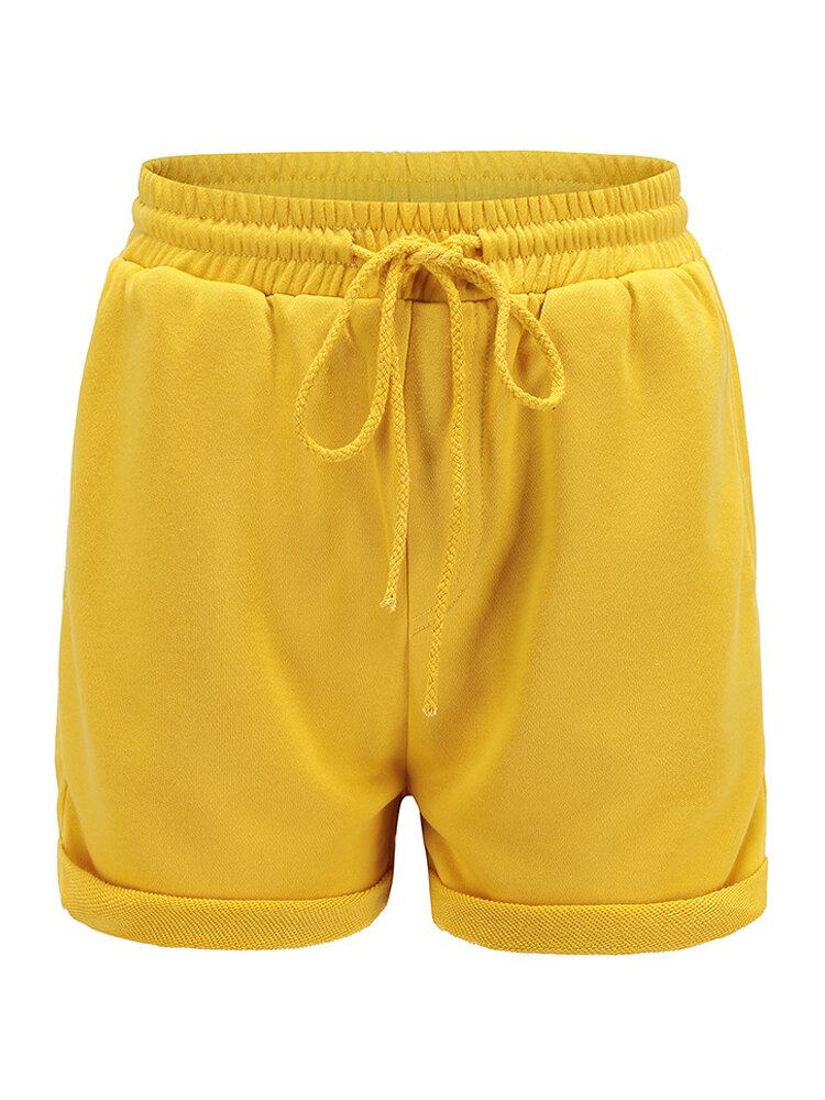 Kvinder Simple Solid Color Snøre Lomme Casual High Waist Shorts