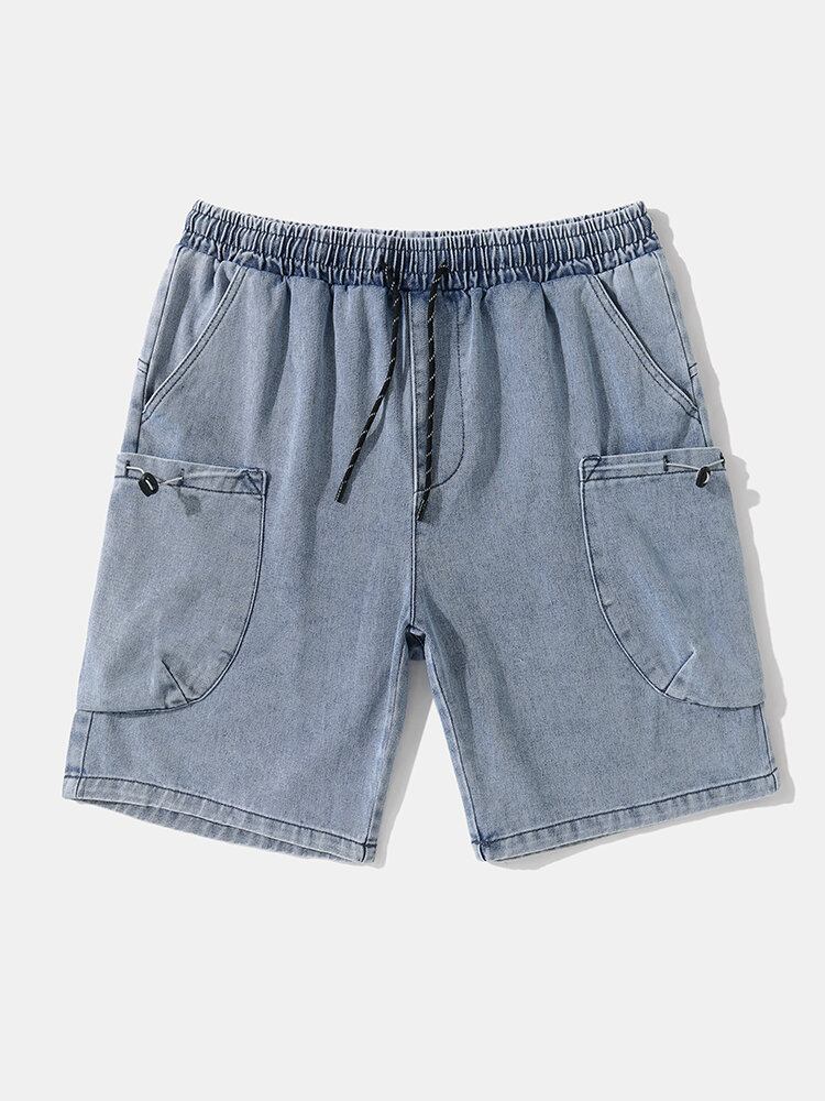 Mænd Denim Dobbeltlomme Snøre Jeans-shorts Med Brede Ben