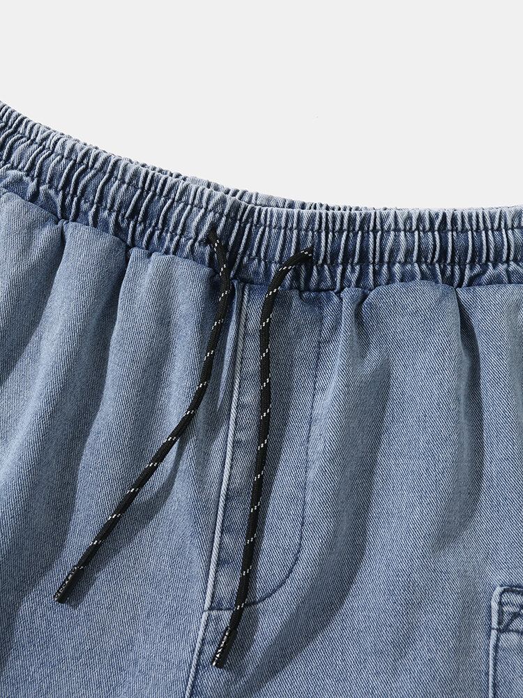 Mænd Denim Dobbeltlomme Snøre Jeans-shorts Med Brede Ben