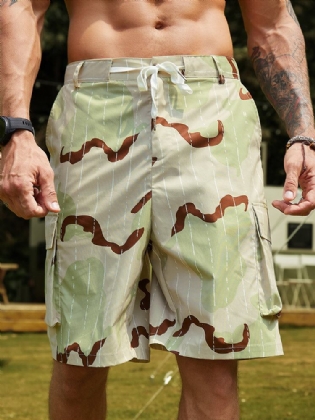 Mænd Print Multi Pocket Snøre Mid Længde Bælte Overalls Shorts
