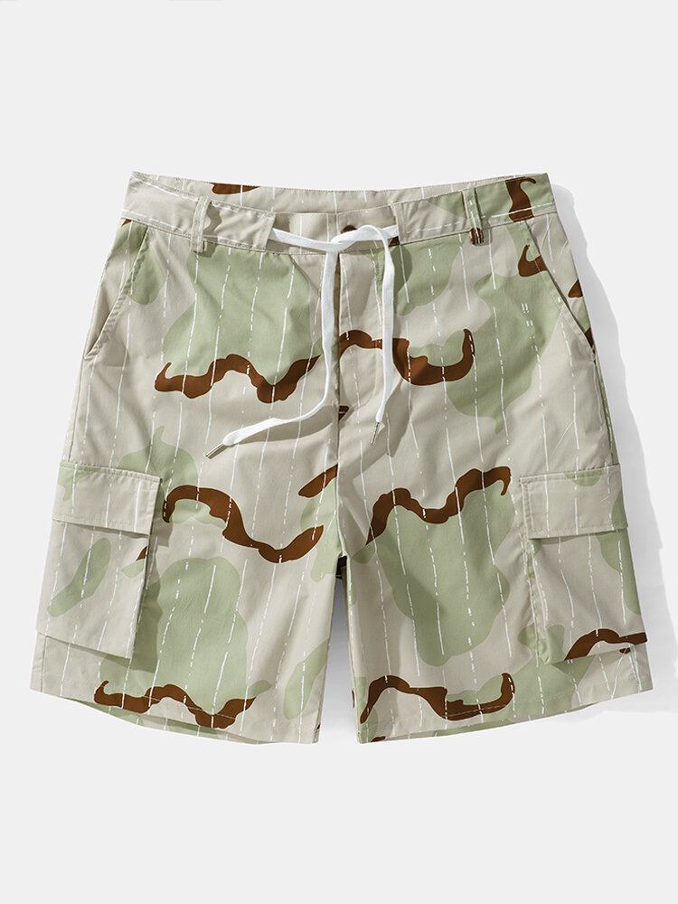 Mænd Print Multi Pocket Snøre Mid Længde Bælte Overalls Shorts