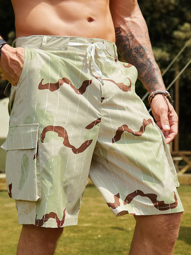 Mænd Print Multi Pocket Snøre Mid Længde Bælte Overalls Shorts