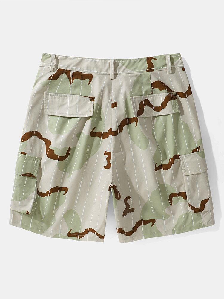 Mænd Print Multi Pocket Snøre Mid Længde Bælte Overalls Shorts