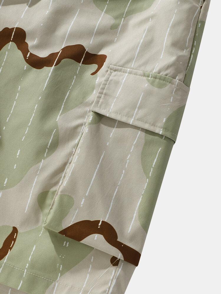 Mænd Print Multi Pocket Snøre Mid Længde Bælte Overalls Shorts