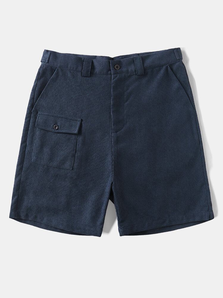 Mænd Solid Ribbet Bælte Multi Pocket Stick Casual Mid Længde Shorts