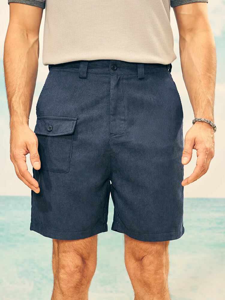 Mænd Solid Ribbet Bælte Multi Pocket Stick Casual Mid Længde Shorts