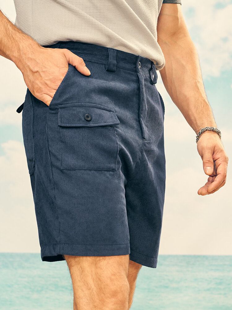 Mænd Solid Ribbet Bælte Multi Pocket Stick Casual Mid Længde Shorts