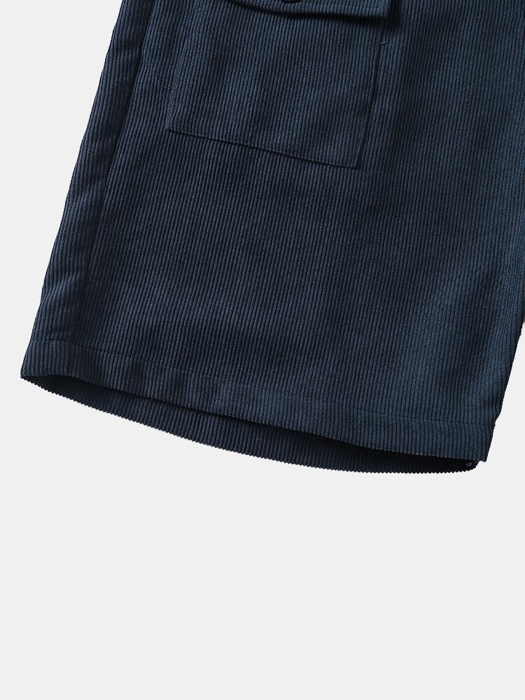 Mænd Solid Ribbet Bælte Multi Pocket Stick Casual Mid Længde Shorts