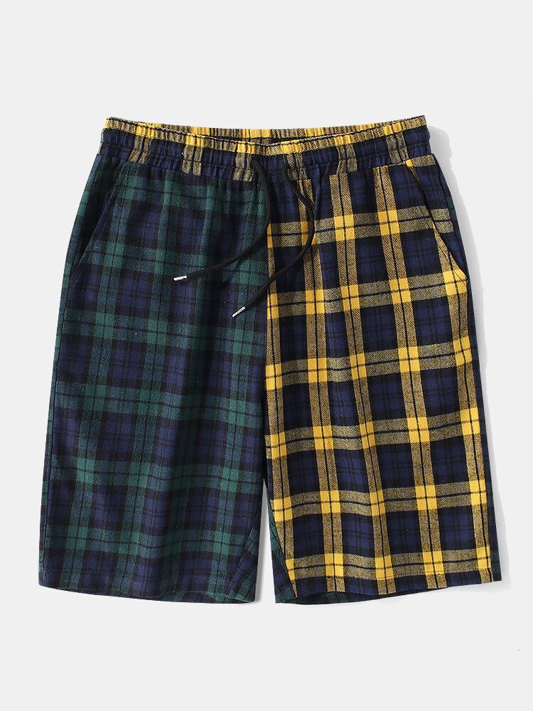 Mænds 100% Bomuld Plaid Shorts Med Snoretræk Og Elastiske Talje