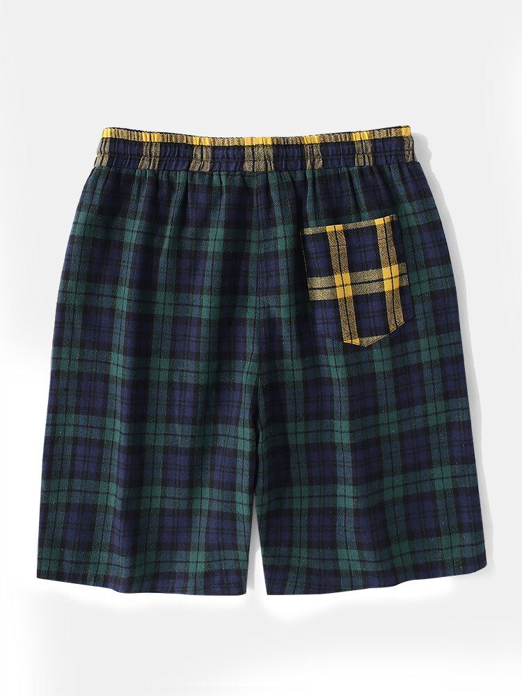 Mænds 100% Bomuld Plaid Shorts Med Snoretræk Og Elastiske Talje