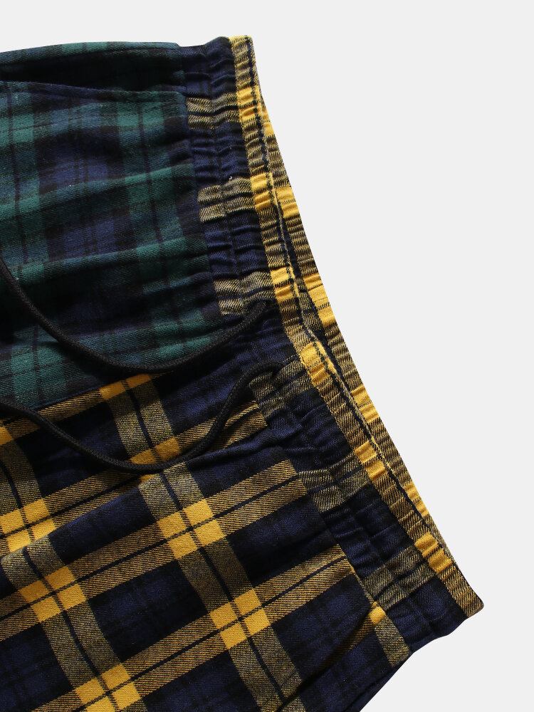 Mænds 100% Bomuld Plaid Shorts Med Snoretræk Og Elastiske Talje