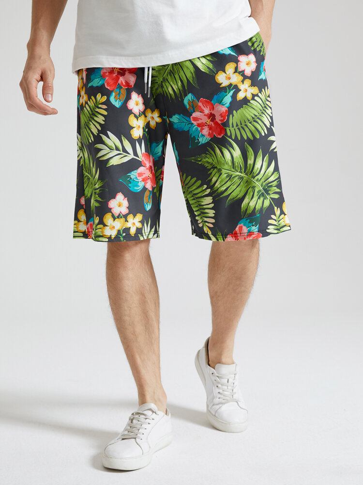 Mænds All Over Flower Leaf Print Holiday Shorts Med Snoretræk