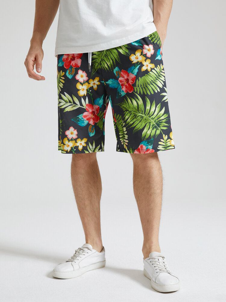 Mænds All Over Flower Leaf Print Holiday Shorts Med Snoretræk