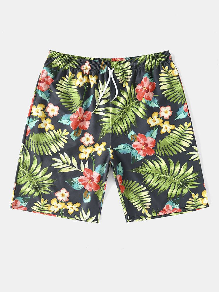 Mænds All Over Flower Leaf Print Holiday Shorts Med Snoretræk