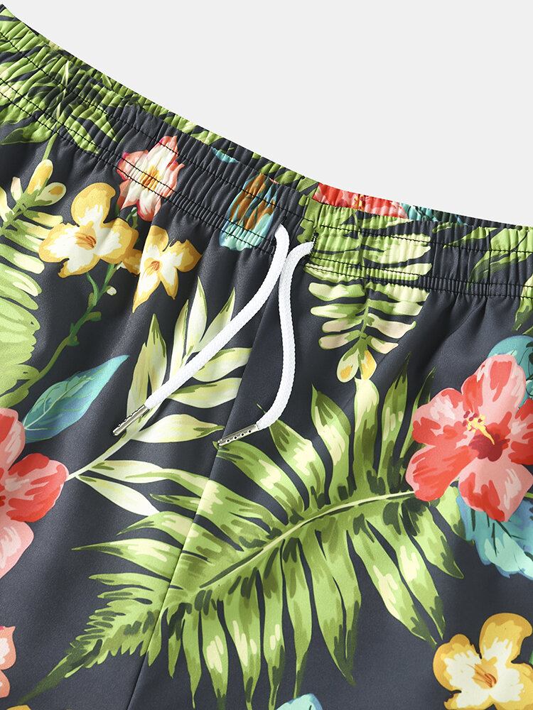 Mænds All Over Flower Leaf Print Holiday Shorts Med Snoretræk