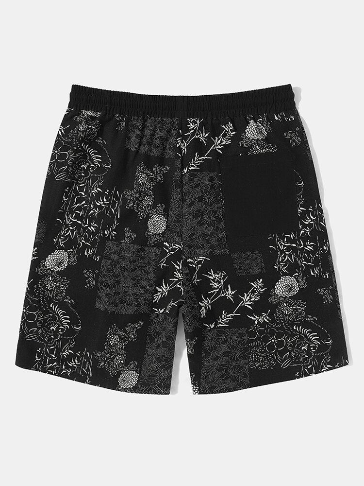 Mænds Blomsterprint Patchwork Løs Mellemlængde Cargo Shorts Med Snoretræk