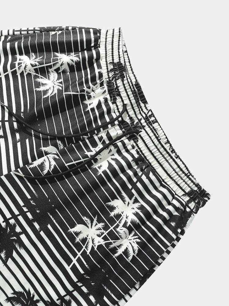 Mænds Coconut Tree Striped Print Holiday Løs Shorts Med Snoretræk