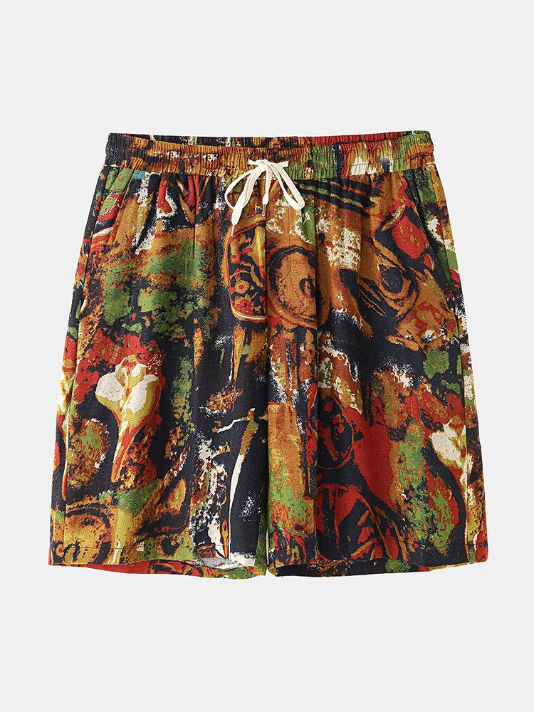 Mænds Flerfarvet Print Vintage Stil Afslappede Shorts Med Lomme