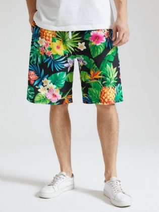 Mænds Tropiske Ananasprint Holiday Mid Længde Shorts Med Snoretræk