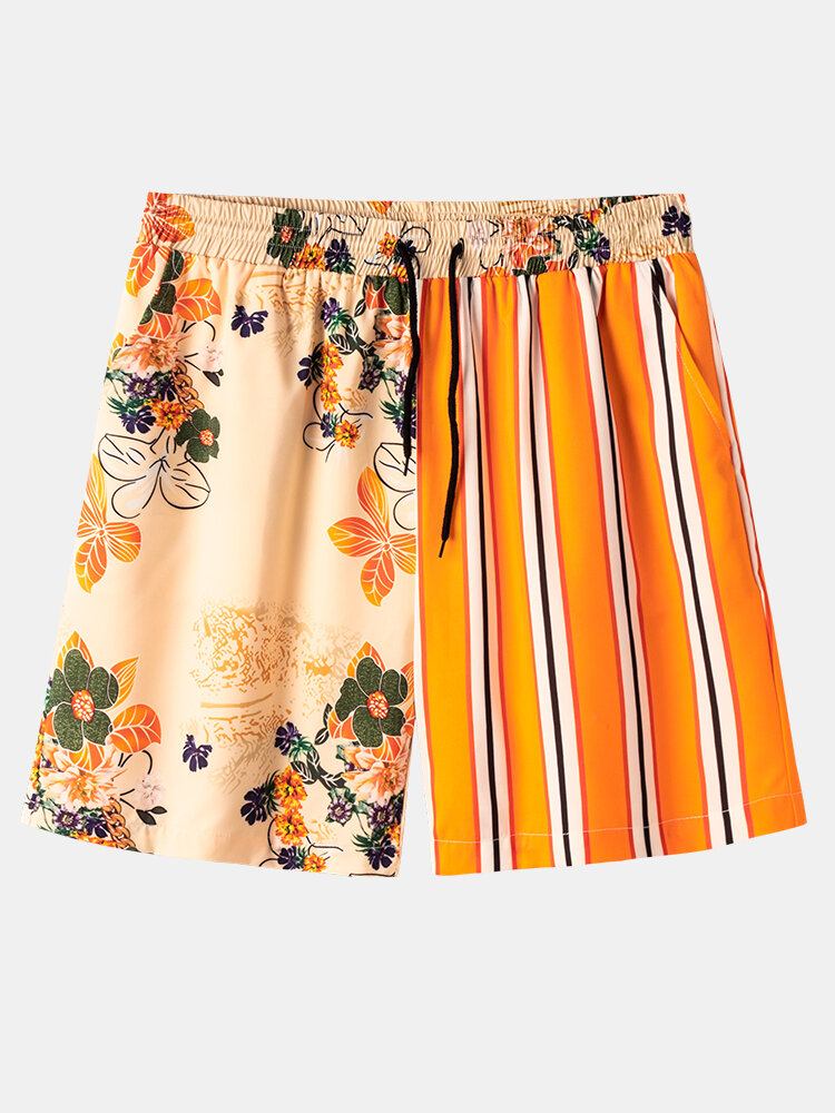 Stribet Blomsterprint Patchwork-snøre Til Mænd Behagelige Causla-shorts