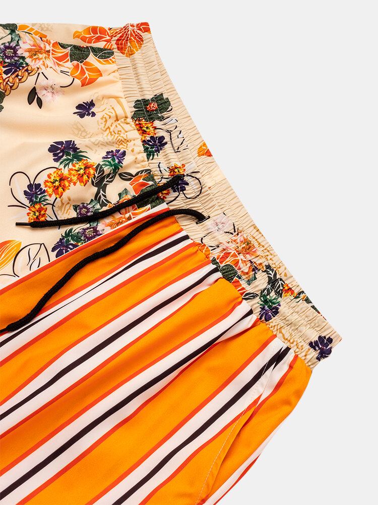 Stribet Blomsterprint Patchwork-snøre Til Mænd Behagelige Causla-shorts