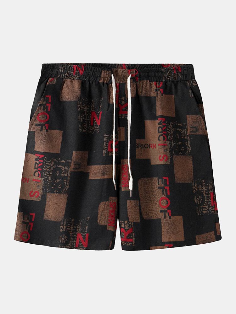 Vintage Print Til Mænd Med Snorelommer Afslappede Løse Shorts