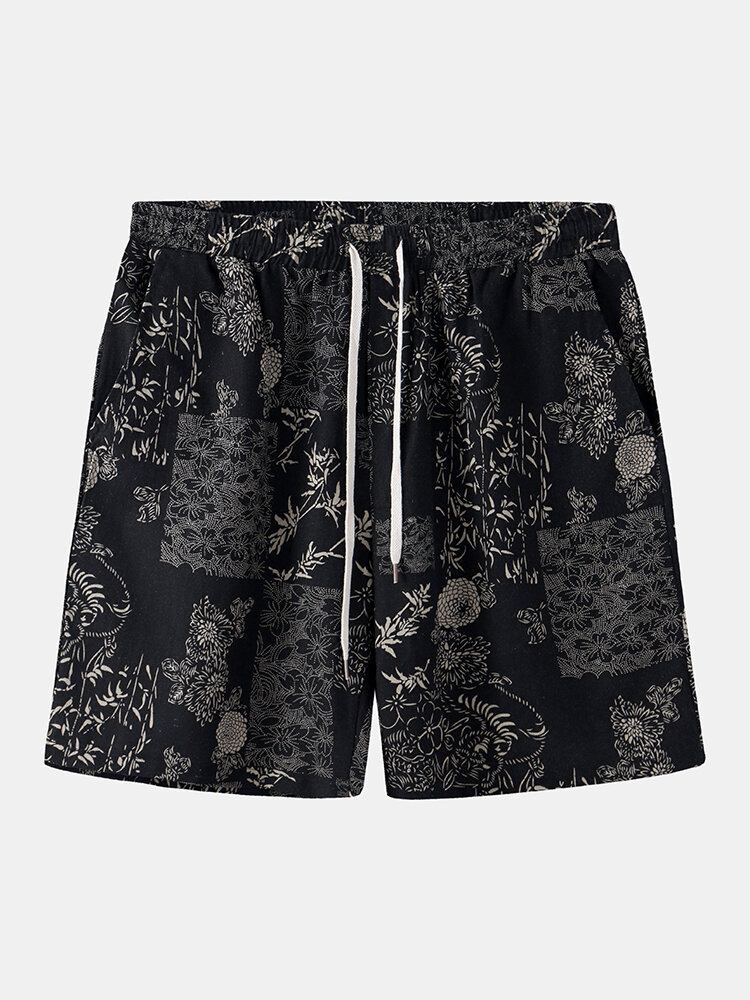 Vintage Print Til Mænd Med Snorelommer Afslappede Løse Shorts