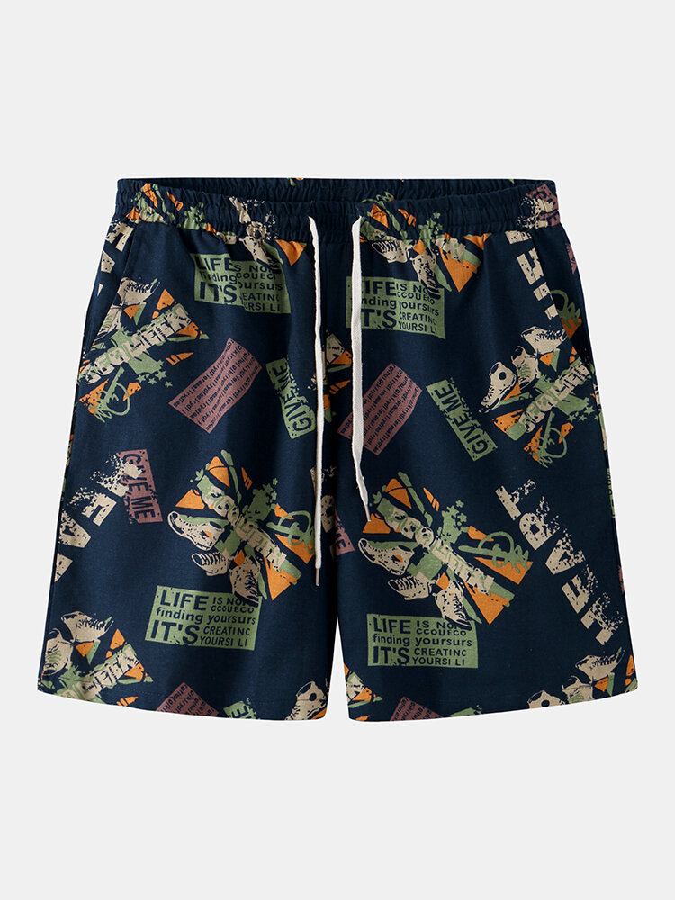 Vintage Print Til Mænd Med Snorelommer Afslappede Løse Shorts