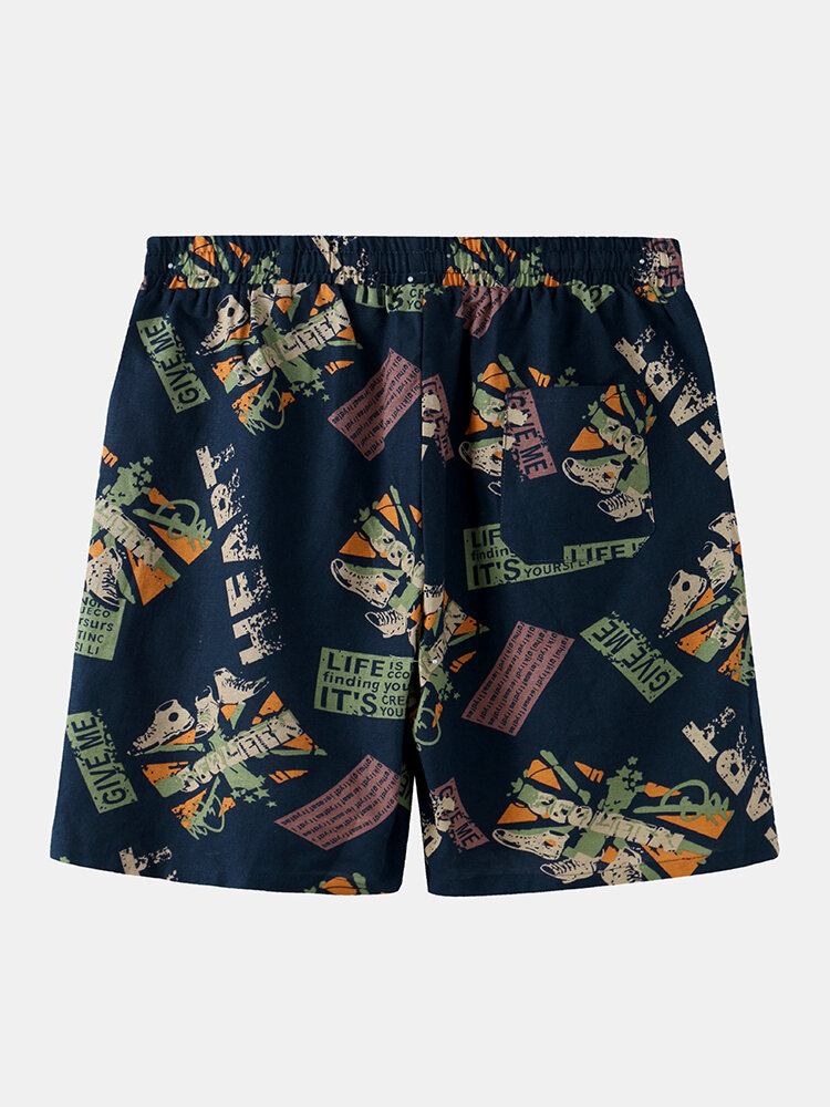 Vintage Print Til Mænd Med Snorelommer Afslappede Løse Shorts