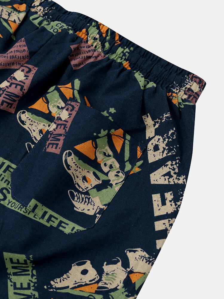 Vintage Print Til Mænd Med Snorelommer Afslappede Løse Shorts