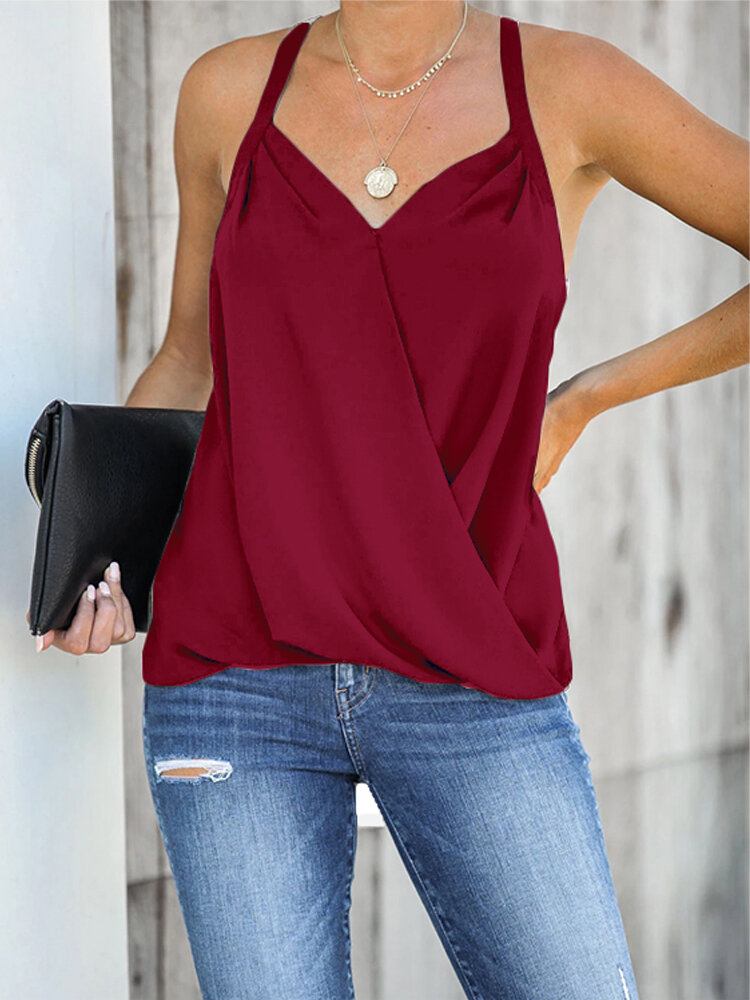 Casual Burgundy Halter V-hals Ærmeløs Front Cross Elegant Tank Top