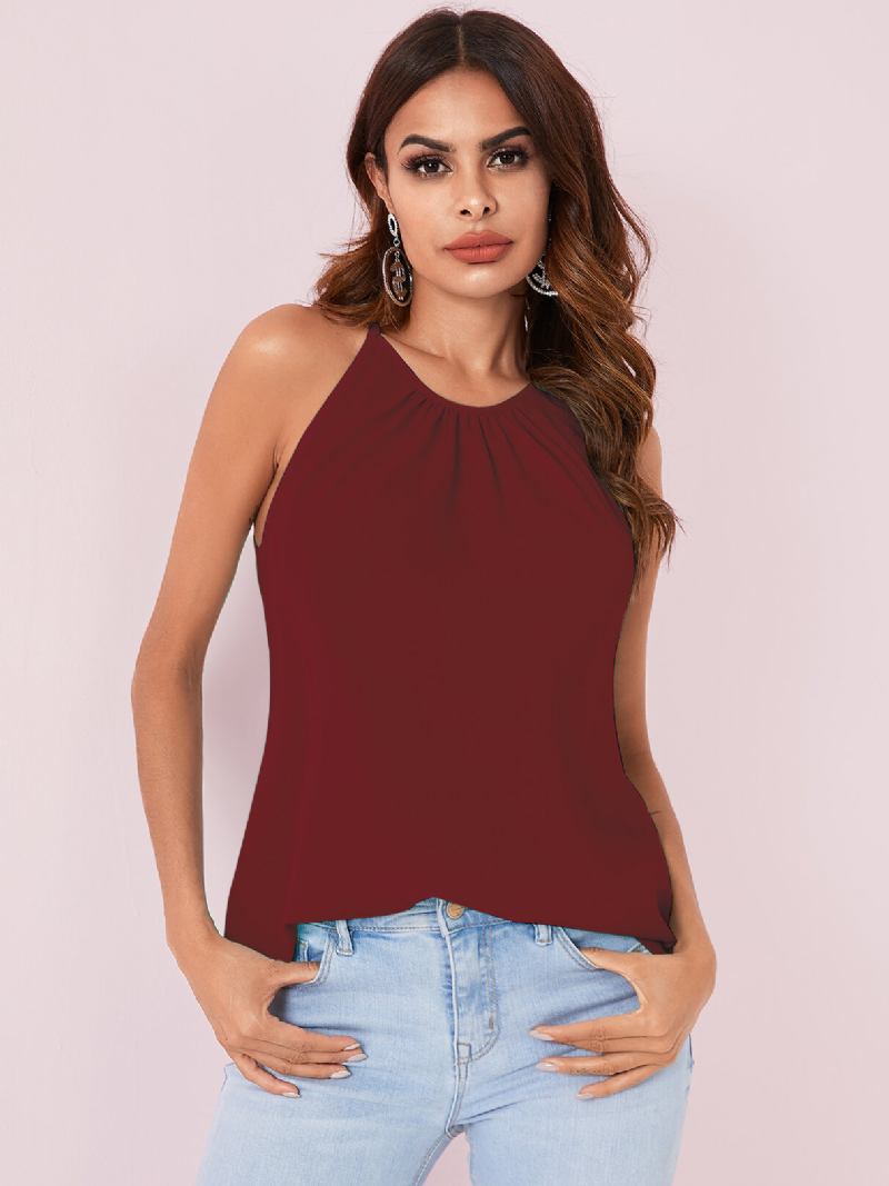 Ensfarvet Halter Design Plisserede Ærmeløse Chiffon Tanktops