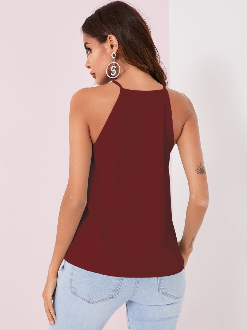 Ensfarvet Halter Design Plisserede Ærmeløse Chiffon Tanktops