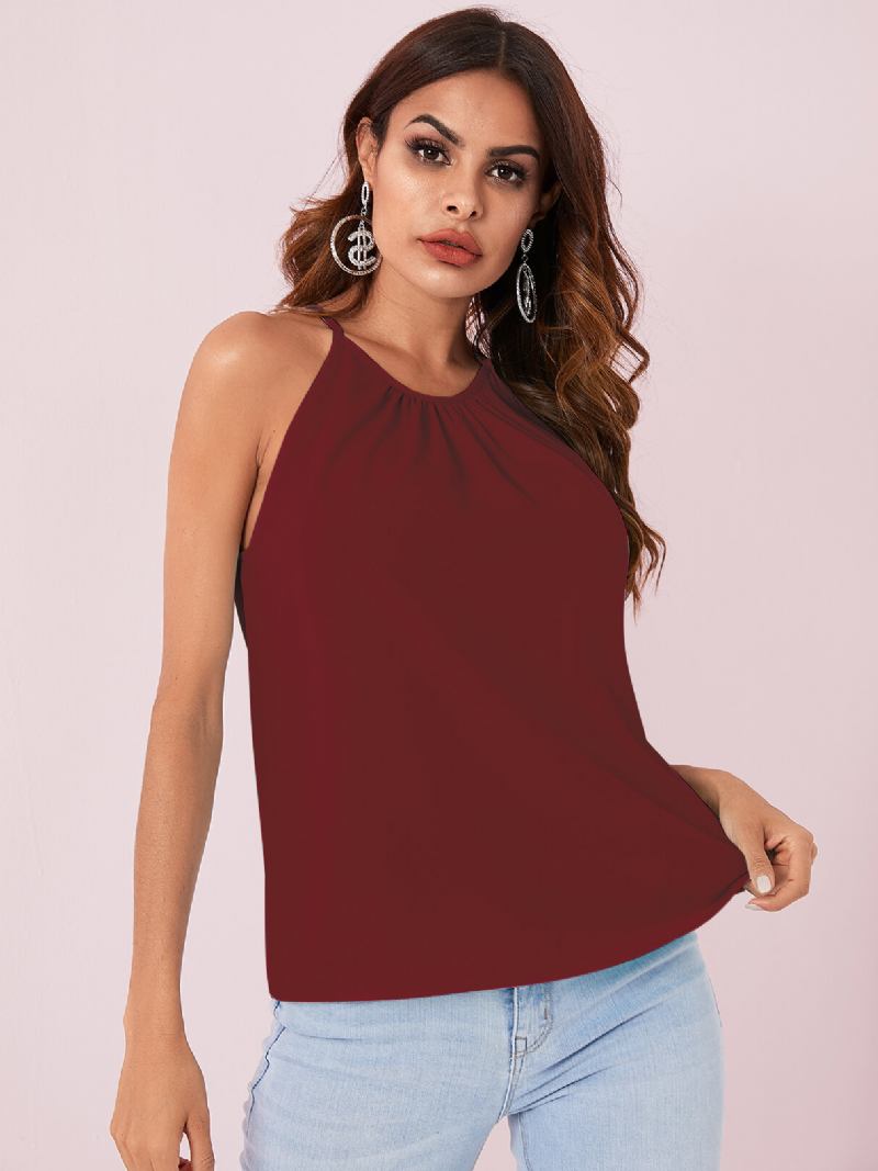 Ensfarvet Halter Design Plisserede Ærmeløse Chiffon Tanktops