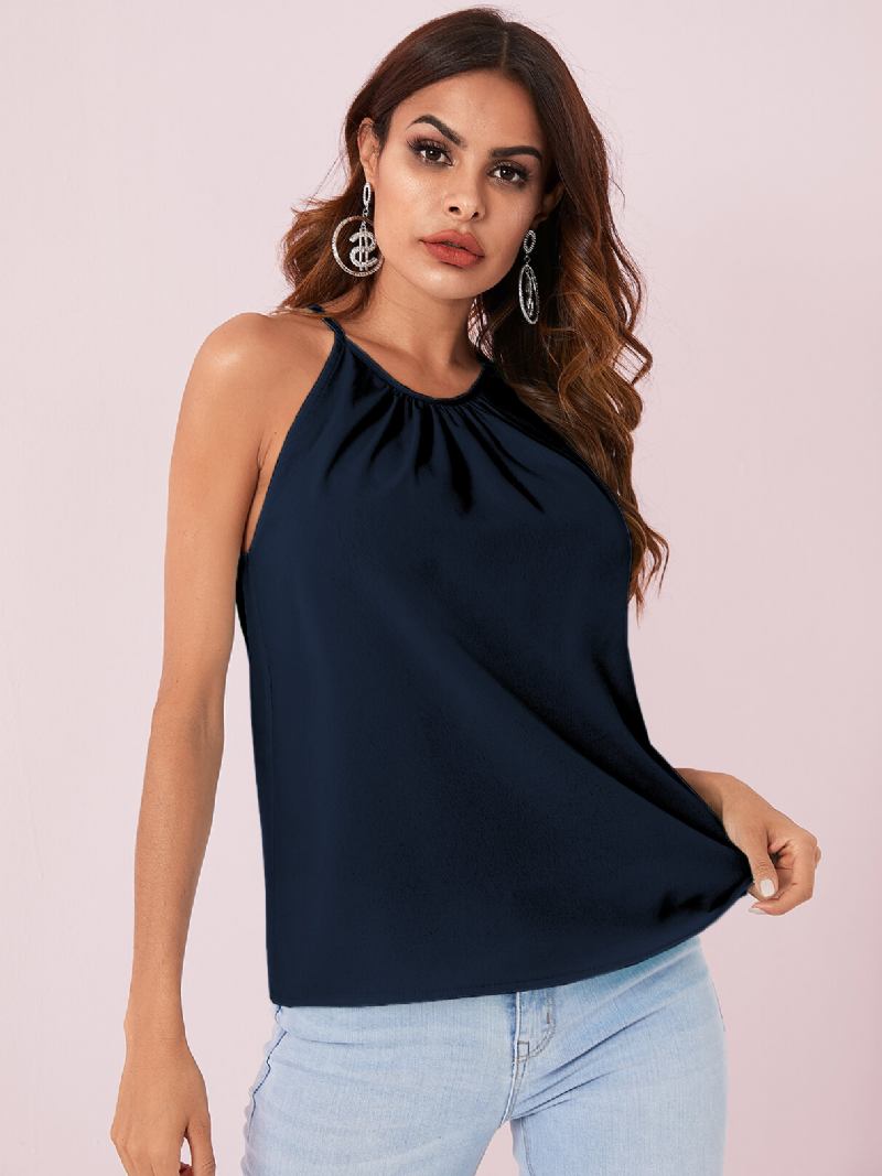 Ensfarvet Halter Design Plisserede Ærmeløse Chiffon Tanktops