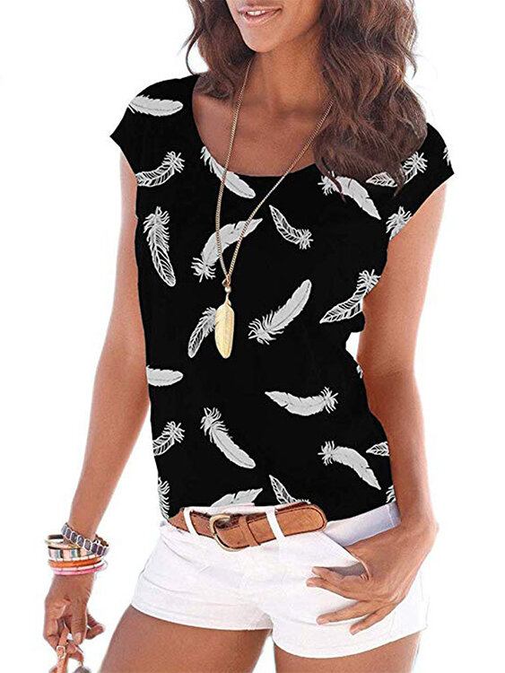 Feather Print Rund Hals Ærmeløs Løs Kvinder Casual Tank Top