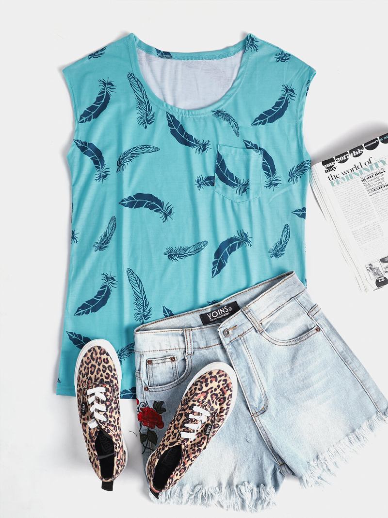 Feather Print Rund Hals Ærmeløs Løs Kvinder Casual Tank Top