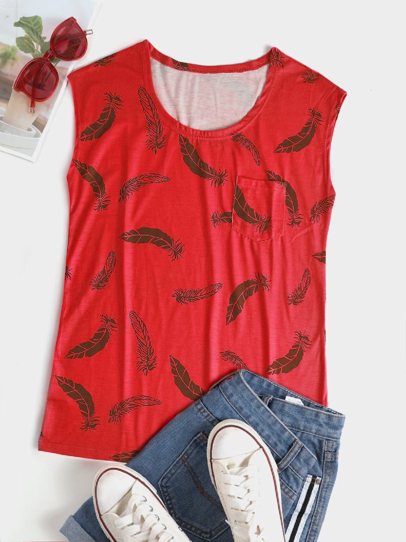 Feather Print Rund Hals Ærmeløs Løs Kvinder Casual Tank Top