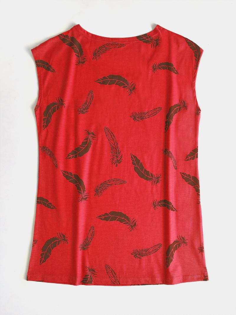 Feather Print Rund Hals Ærmeløs Løs Kvinder Casual Tank Top